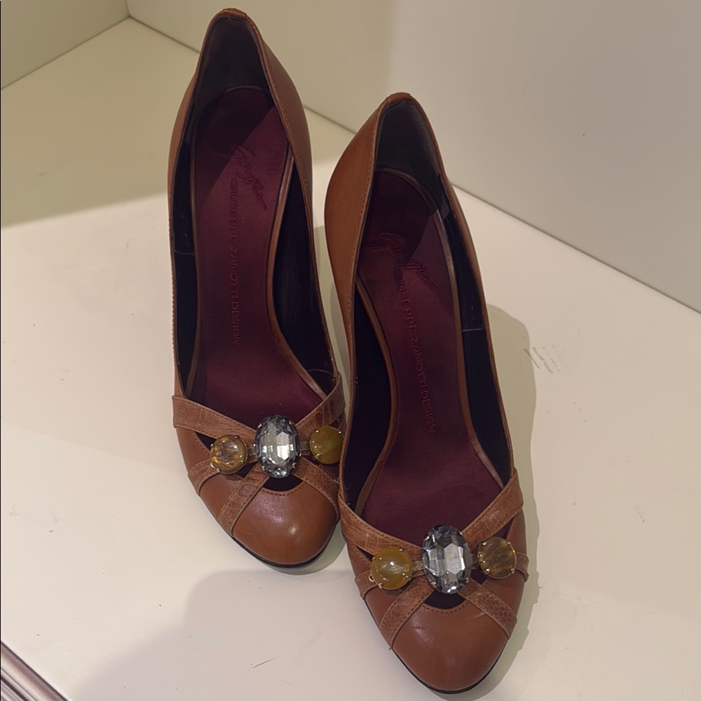 Elegant Brown Heels with Gemstone Accents